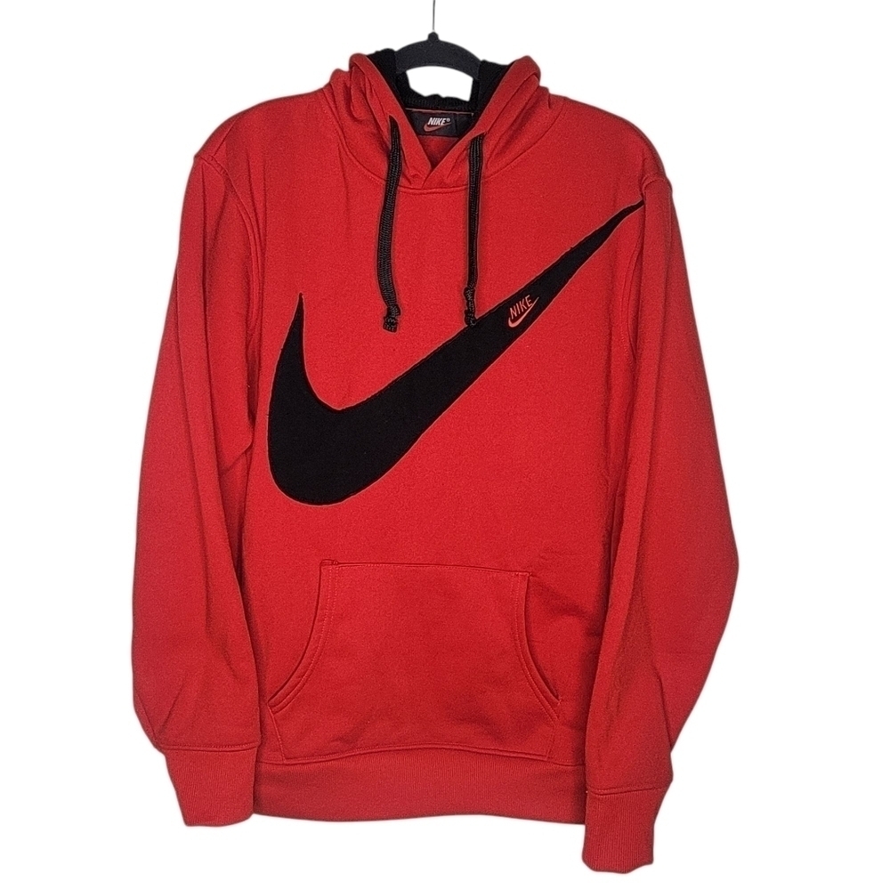 Vintage 90s Nike Large Swoosh Check Spell Out Pullover Hoodie in Red Black Sz L